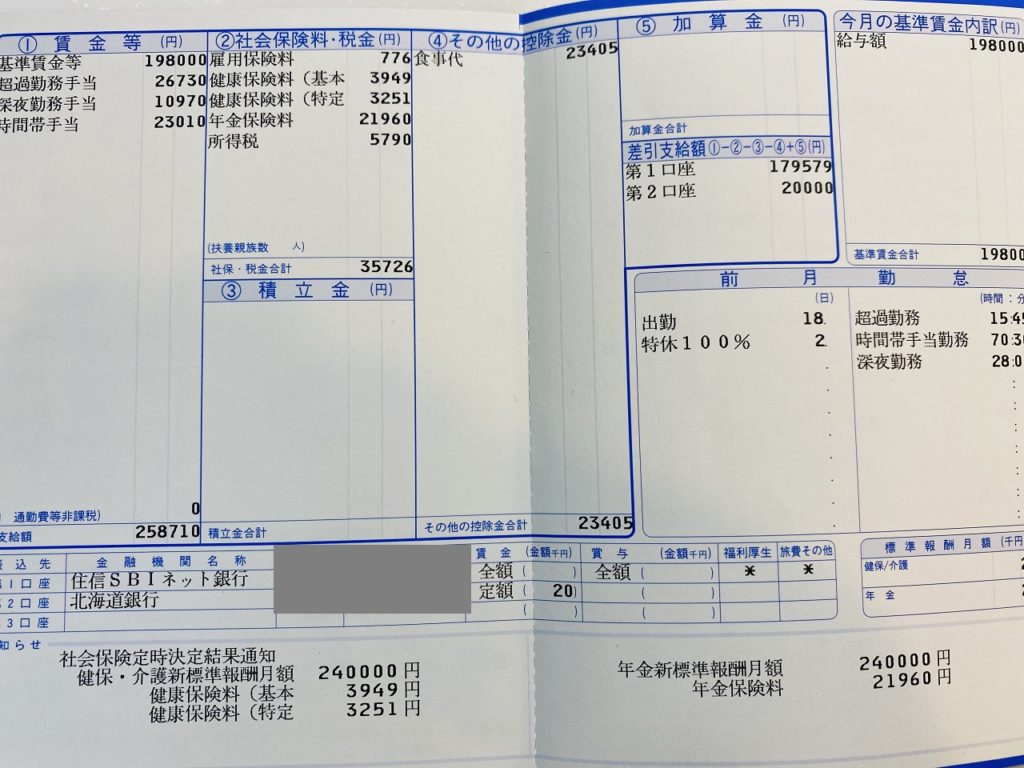 トヨタ期間工の給料明細（25万8710円）
